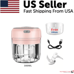Electric 300ML Garlic Press Chopper Chili Onion Fruits Meat Mincer Blender Mixer (Model: Pink)